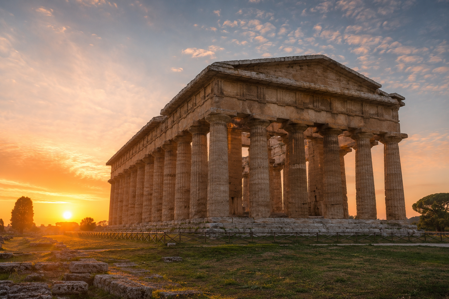 Templi dorici di Paestum al tramonto